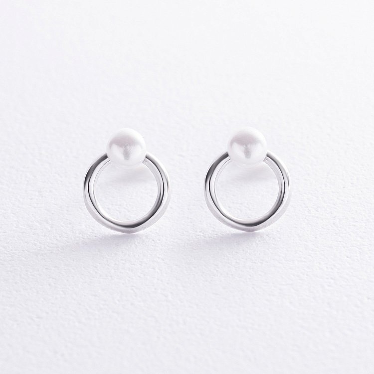 Сережки - пусети "Кругообіг" з перлами (біле золото) с08502 від ювелірного магазину Онікс