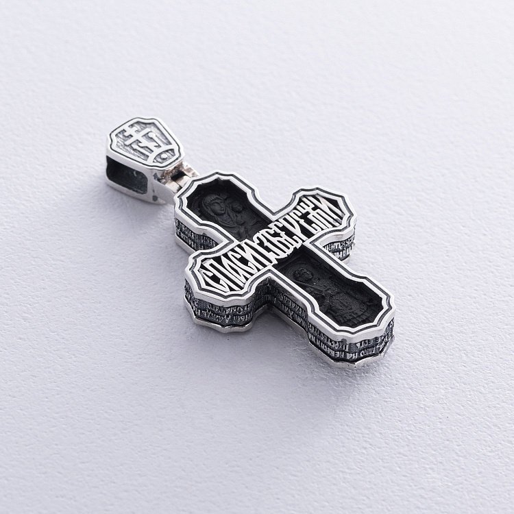 Чоловічий православний хрест "Розп'яття. Спаси і Збережи. Отче наш" з ебенового дерева та срібла mini 1170 від ювелірного магазину Онікс - 6