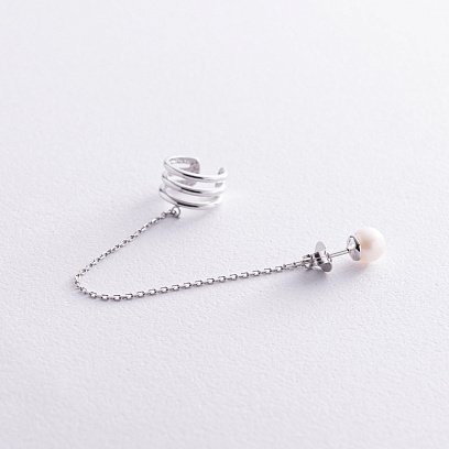 Серьга - каффа "Тринити" с жемчужиной (белое золото) с08251 №4