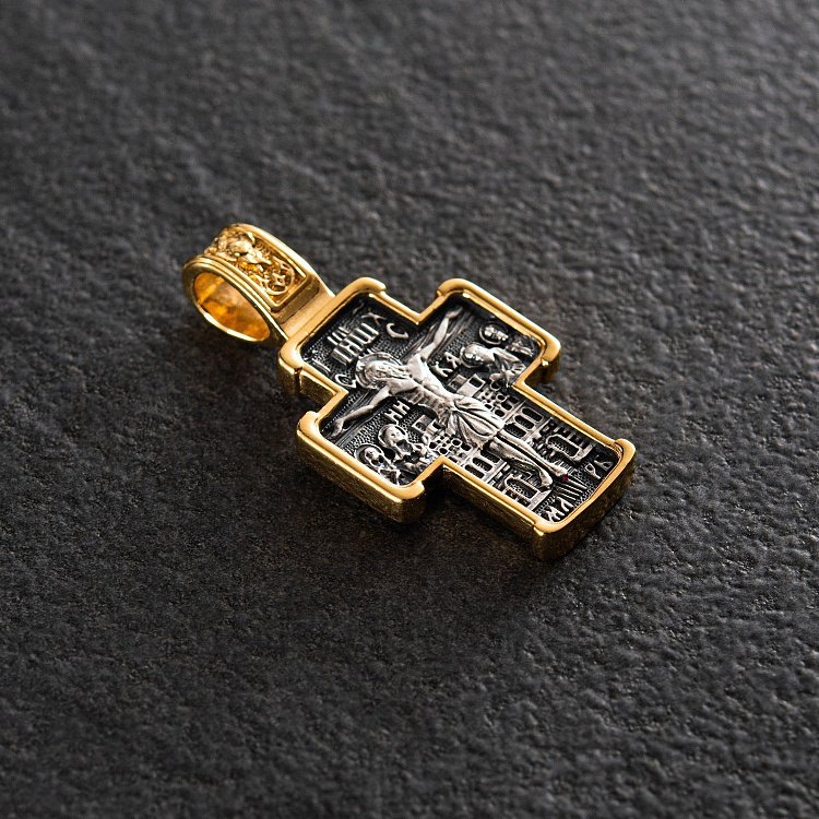 Срібний православний хрест (чорніння) "Розп'яття. Св. Миколай Чудотворець" 132498 від ювелірного магазину Онікс - 1