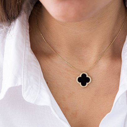 Золотое колье "Клевер" с ониксом кол01880 №3
