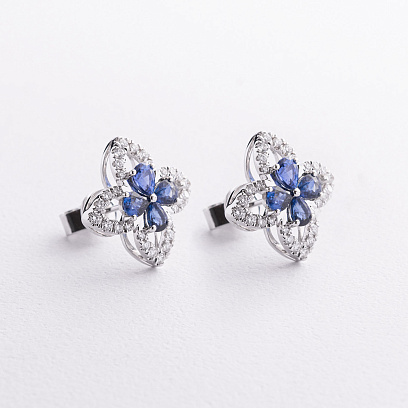 Серьги - пусеты "Клевер" в белом золоте (бриллианты, сапфиры) сб0701sm №2