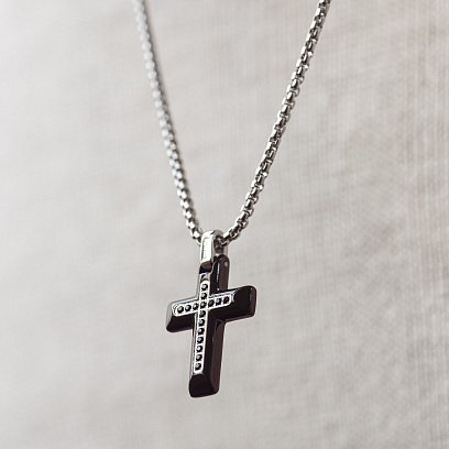 Чоловіче кольє "Хрест" c чорними фіанітами ZANCAN EHC053 №3