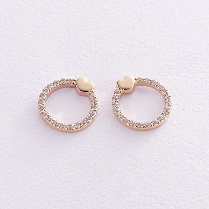 Серьги - пусеты "Сердечки" с фианитами (желтое золото) с08466