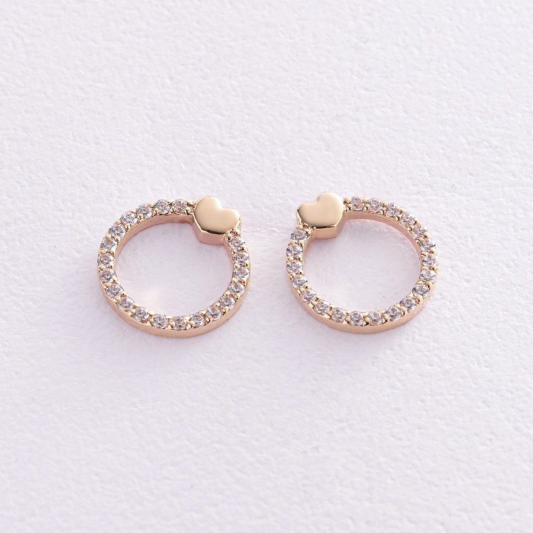 Серьги - пусеты "Сердечки" с фианитами (желтое золото) с08466 от ювелирного магазина Оникс