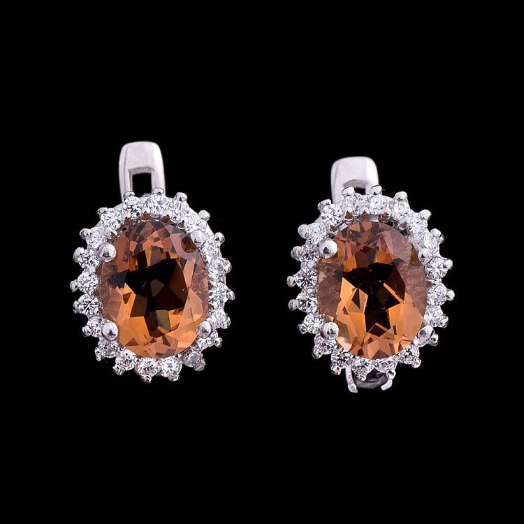 Родированные серебряные серьги с фианитами и кварцем 121602 от ювелирного магазина Оникс - 1