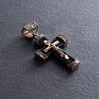 Золотий хрест "Розп'яття. Спаси і Збережи" з ебеновим деревом mini 1075ч