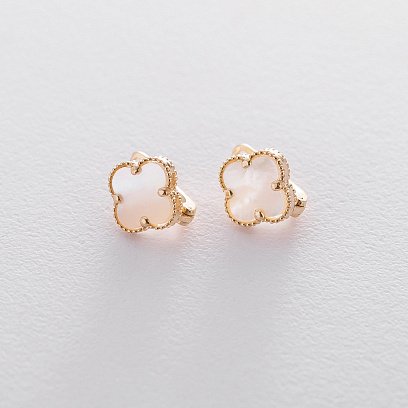 Серьги из желтого золота "Клевер" с перламутром с05061