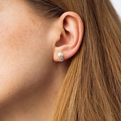 Серьги - пусеты с жемчугом и фианитами (белое золото) с07999 №2