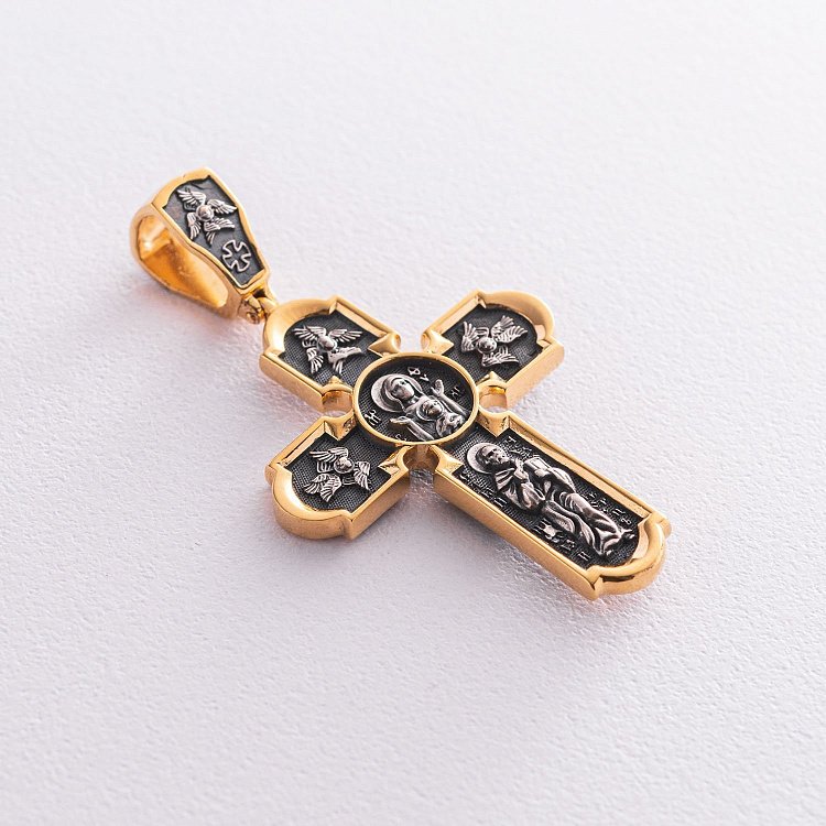 Православный серебряный крест "Распятие Христово. Спас Нерукотворный. Икона Божией Матери знамение. Святитель Николай" 133095 от ювелирного магазина Оникс - 6
