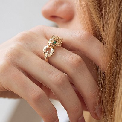 Кольцо "Пантера" в желтом золоте (фианиты) к07612 №4