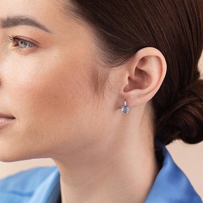 Золоті сережки - пусети з фіанітами і блакитними топазами с08303 №2