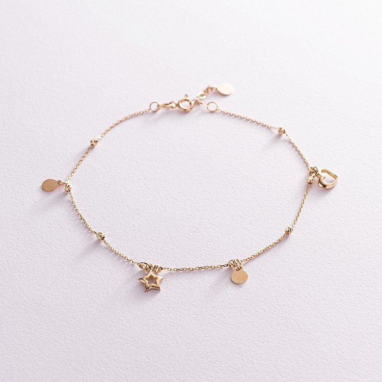 Золотий браслет "Сердечко і зірочка" на ногу б04878 від ювелірного магазину Онікс