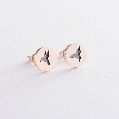 Сережки-пусети "Колібрі" в червоному золоті с06703