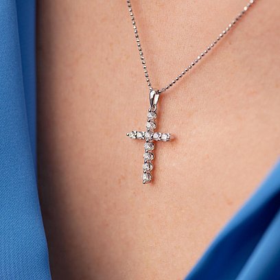 Крестик в белом золоте с бриллиантами пб0312nl №2