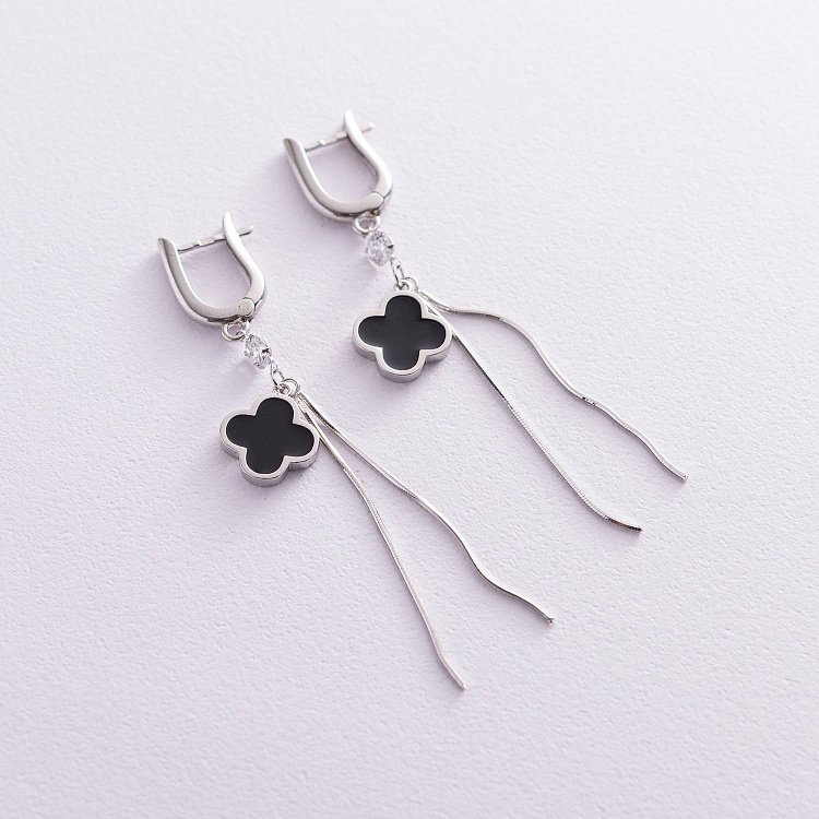 Серебряные серьги "Клевер" (эмаль, фианит) 122787 от ювелирного магазина Оникс - 1