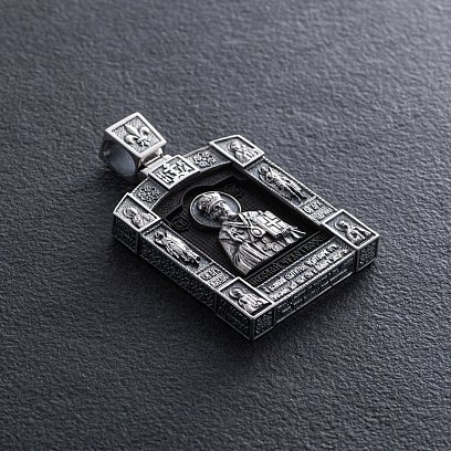 Серебряный кулон "Николай Чудотворец. Отче наш" (эбеновое дерево) 621