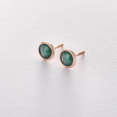 Золотые серьги - гвоздики с зеленым ониксом с05194