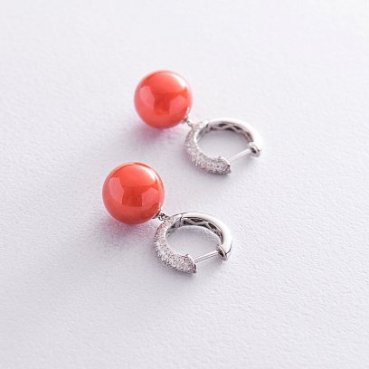 Золотые серьги "Шарики" с кораллом и бриллиантами сб0026ca №3