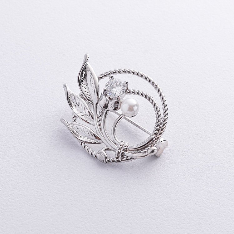 Срібна брошка з перлиною і фіанітом 16152 від ювелірного магазину Онікс