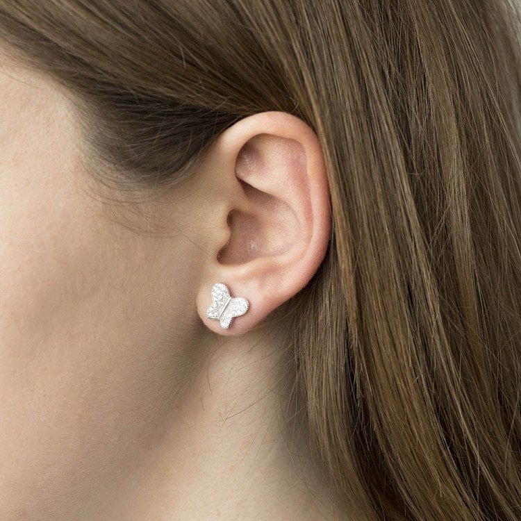 Срібні сережки-пусети "Метелики" з фіанітами 121675 від ювелірного магазину Онікс - 6