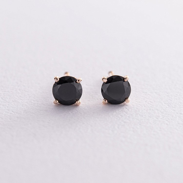 Серьги - пусеты с черными фианитами (желтое золото) с08299 от ювелирного магазина Оникс - 2