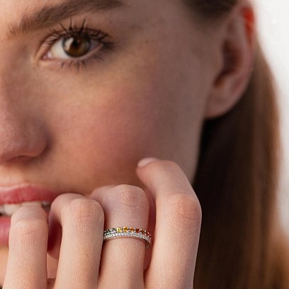 Золотое кольцо с разноцветными сапфирами и бриллиантами кб0479nl №5