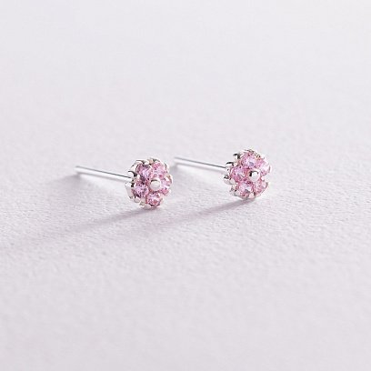 Серебряные серьги - пусеты "Цветочки" с фианитами 121883