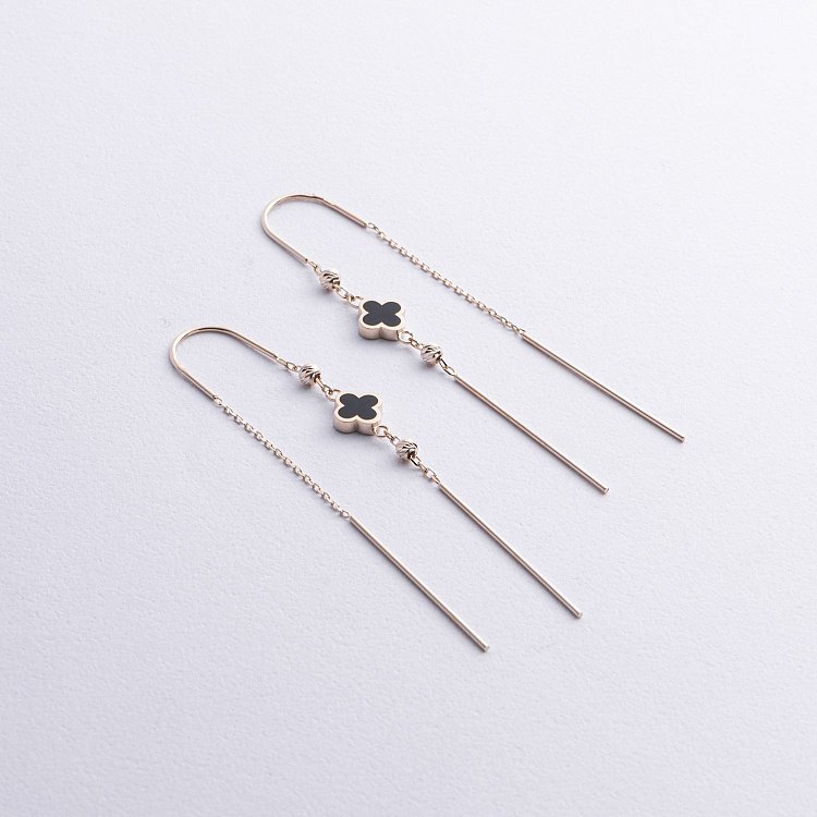 Золоті сережки - протяжки "Конюшина" (емаль) с08845 від ювелірного магазину Онікс