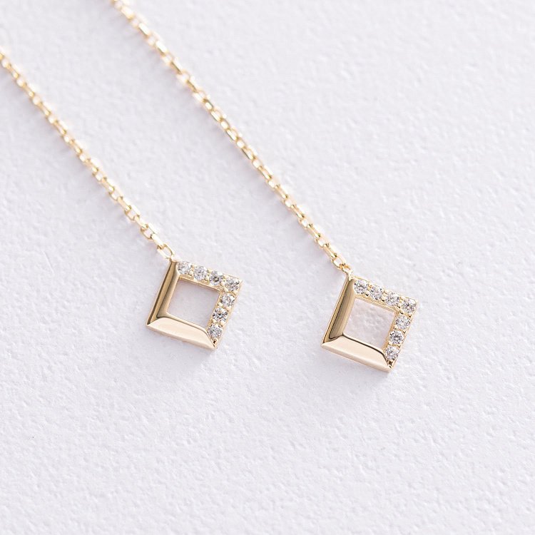 Золотые серьги "Ромбы" на цепочке (фианиты) с07233 от ювелирного магазина Оникс - 3