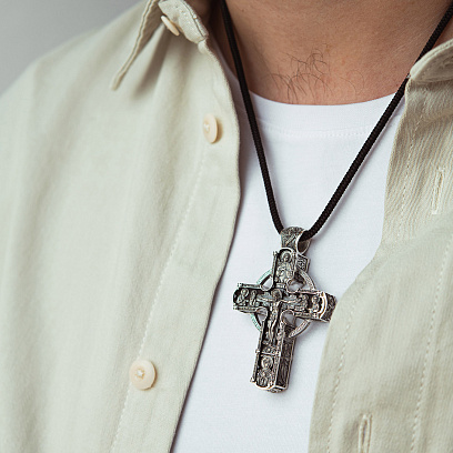 Серебряный крест "Иисус Христос со святыми. Спаси и Сохрани" (на укр. языке) с эбеновым деревом 1602 №2