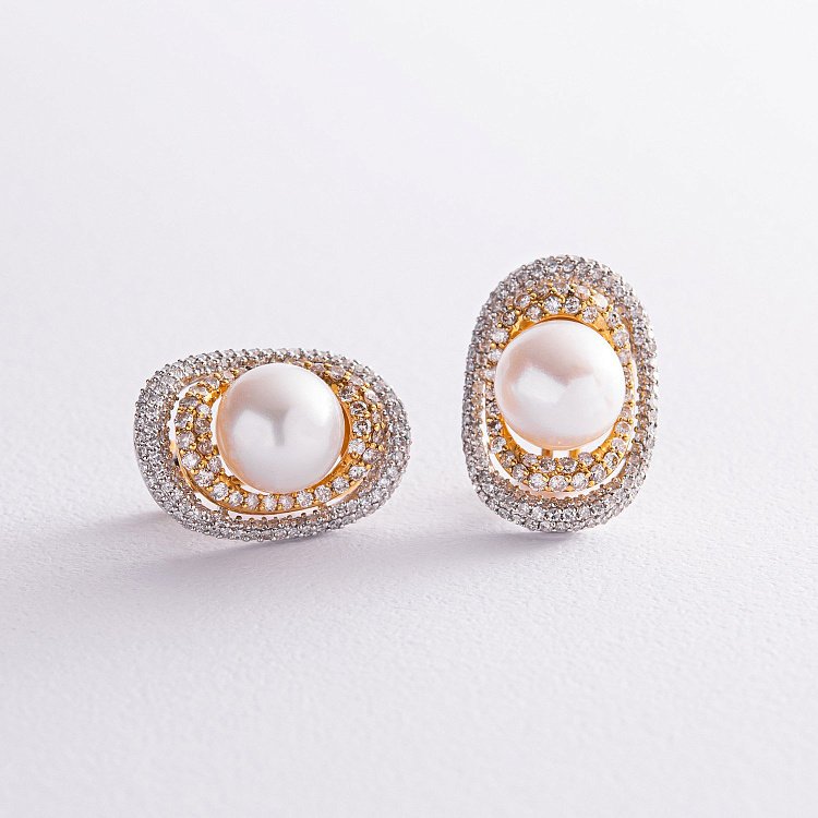 Золотые серьги с бриллиантами и жемчугом с1312 от ювелирного магазина Оникс