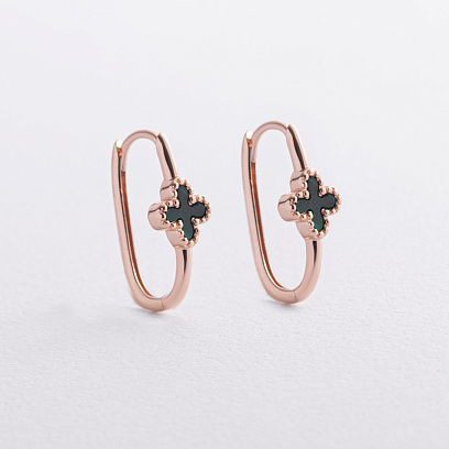 Сережки "Конюшина" з малахітом (червоне золото) с09450