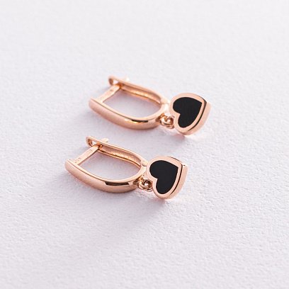 Серьги "Сердечки" в красном золоте (эмаль) с07468 №3