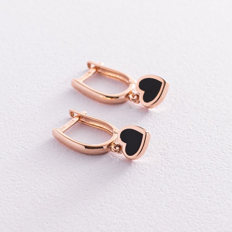 Серьги "Сердечки" в красном золоте (эмаль) с07468 от ювелирного магазина Оникс - 2