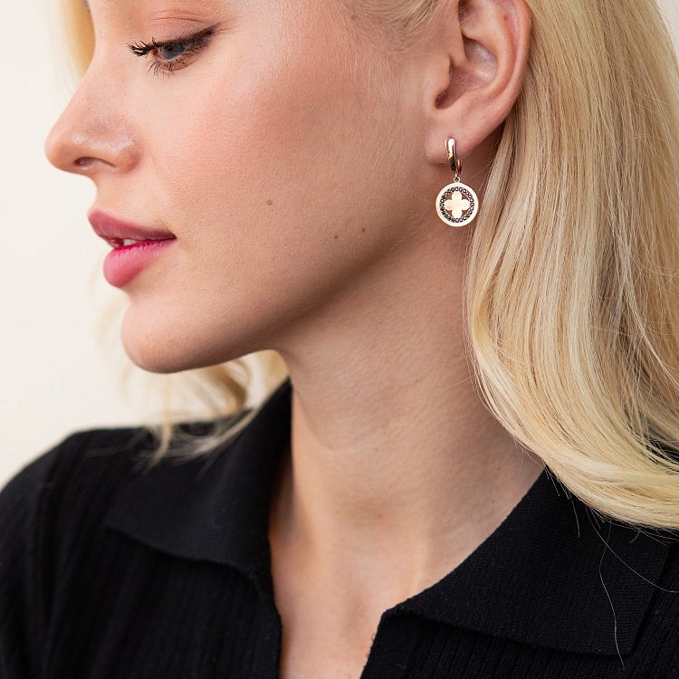 Сережки "Конюшина" в червоному золоті (чорні фіаніти) с07691 від ювелірного магазину Онікс - 3