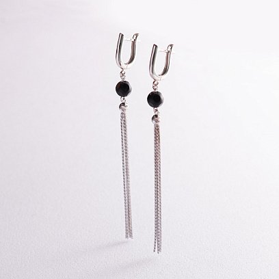 Серебряные висячие серьги с черными камнями 123154