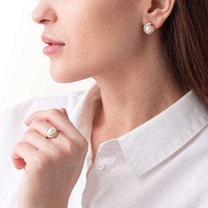 Золотое кольцо (жемчуг, фианиты) к06579 №2