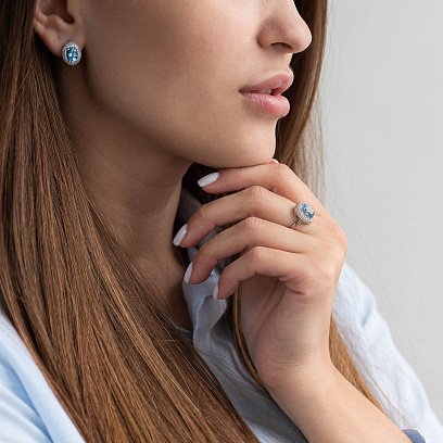 Золотые серьги с голубым топазом и фианитами с04201 №2