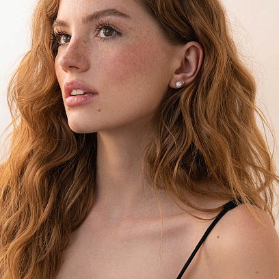 Серебряные серьги - пусеты с жемчугом и фианитами 123234 №9