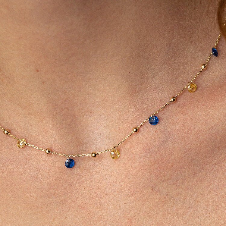 Золотое колье "Независимая" с шариками (синие и желтые фианиты) кол02321 от ювелирного магазина Оникс - 3
